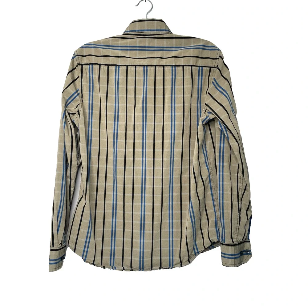 Polo Ralph Lauren Shirt Mens Large Tan Blue Plaid Striped Button Front Cotton